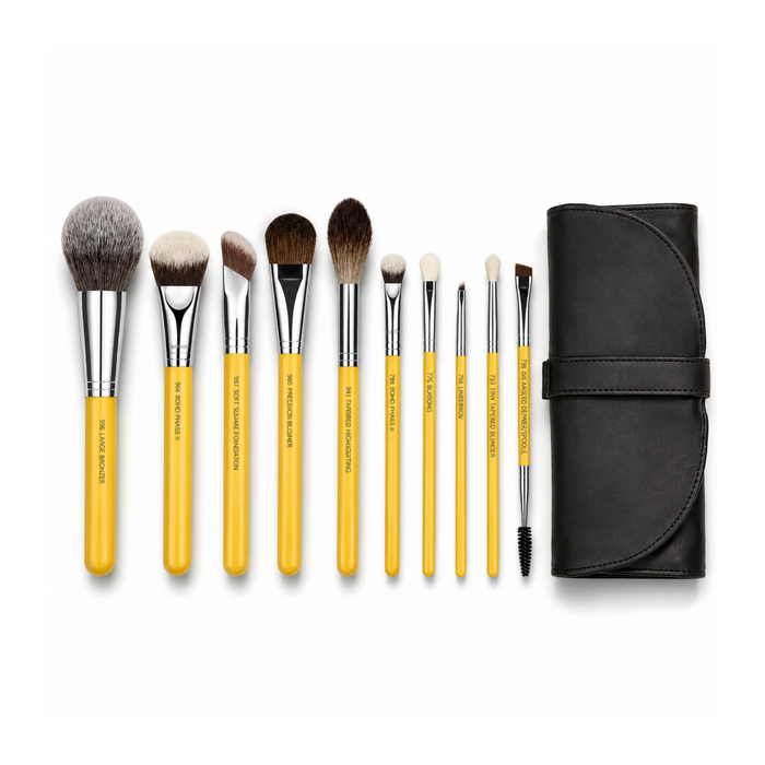 Set de 10 brochas de maquillaje Bdellium Tools Studio Pro Collection con estuche amarillo y negro.
