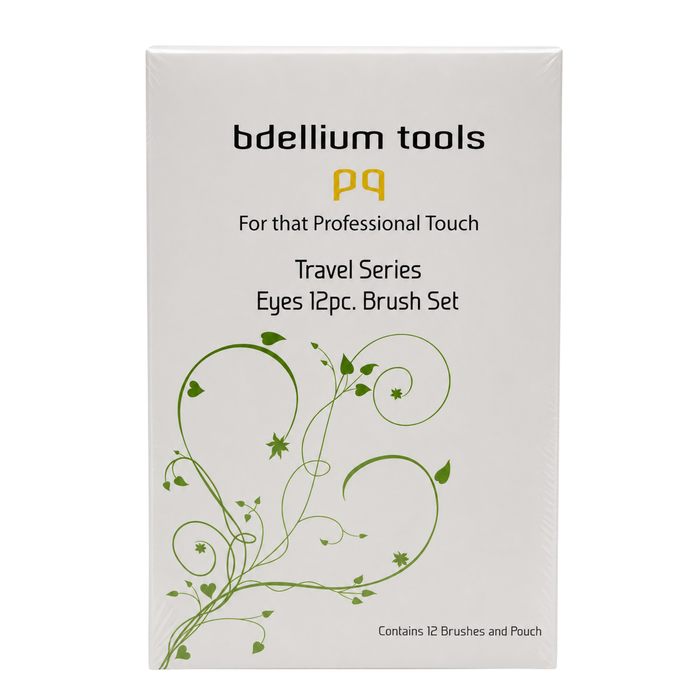 Set completo de 12 pinceles para ojos Bdellium Tools Travel Eyes con su estuche enrollable característico.