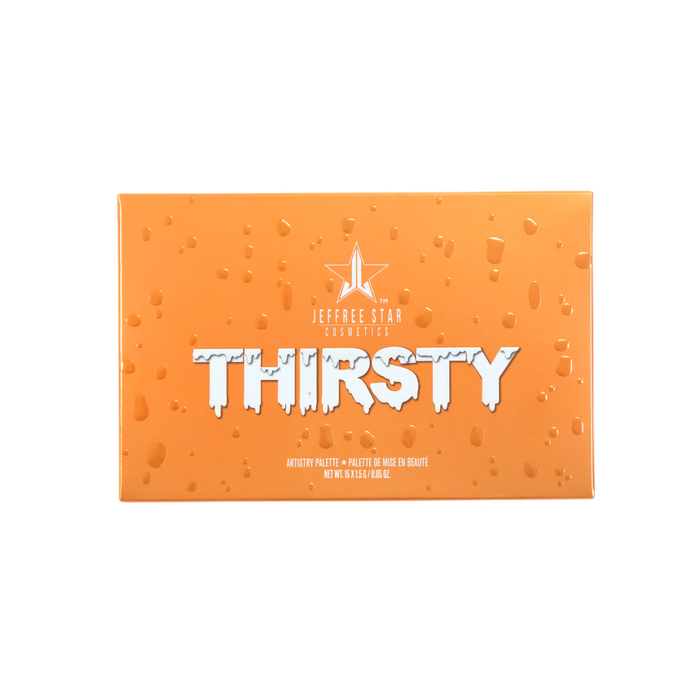 Paleta de sombras de ojos Thirsty de Jeffree Star Cosmetics abierta mostrando los 15 tonos