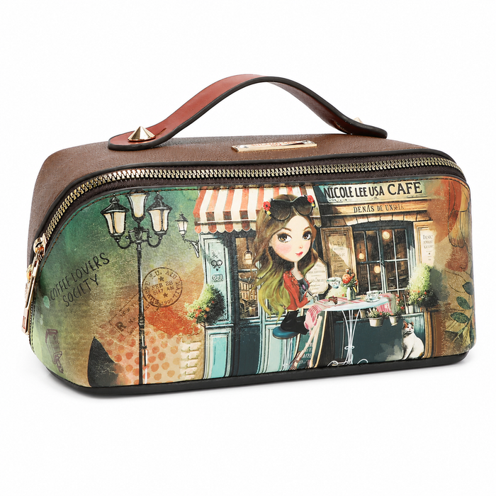 Vista frontal de la cosmetiquera estructurada grande de Nicole Lee colección Virtual Friend en piel vegana estampada.