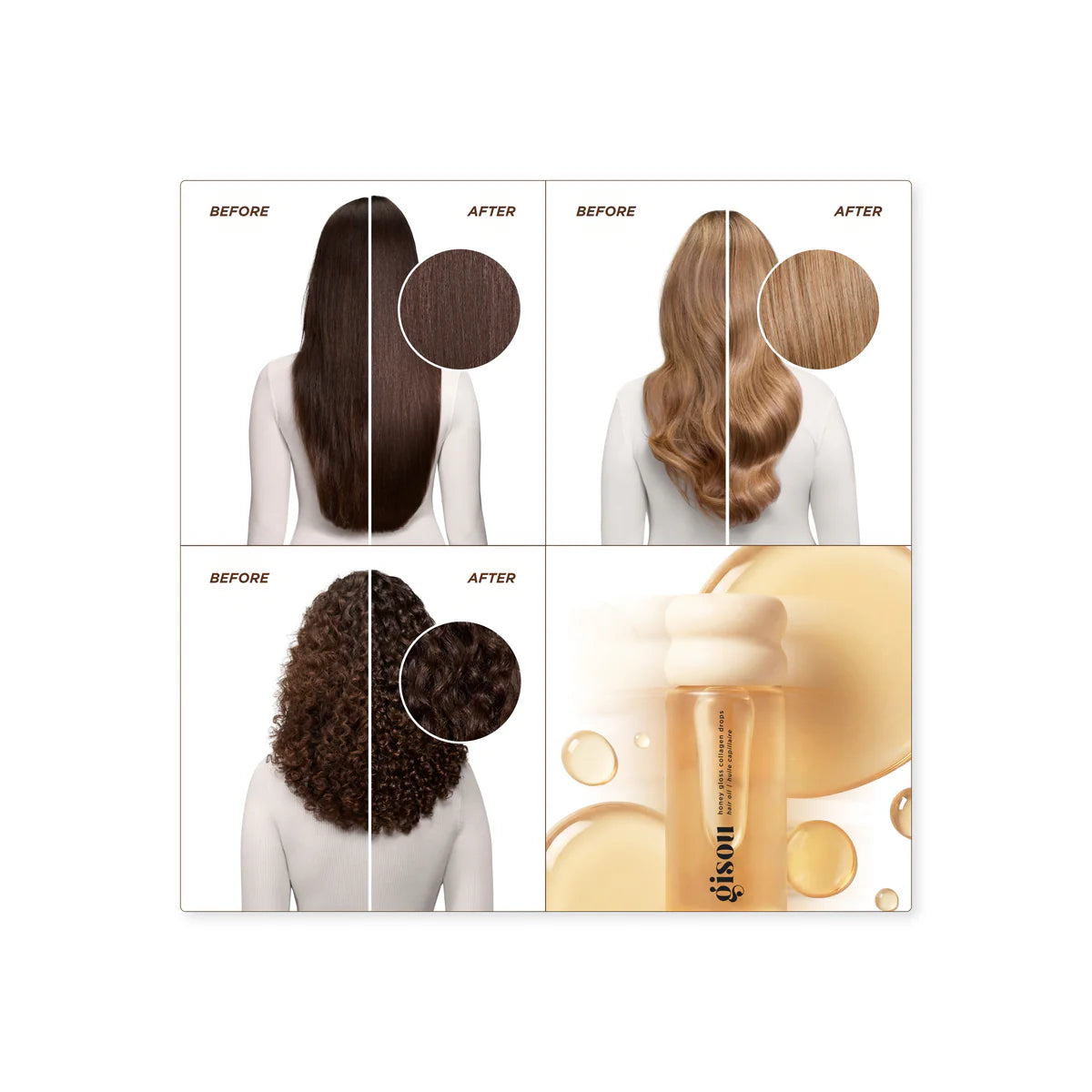 Efecto de brillo espejo y suavidad en cabello fino tras la aplicación de las gotas capilares.