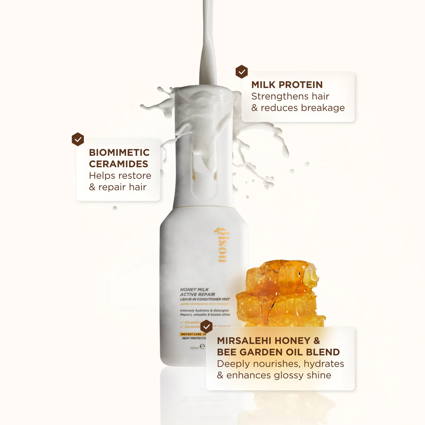 Detalle de la textura ligera del spray reparador con miel y proteínas de leche.