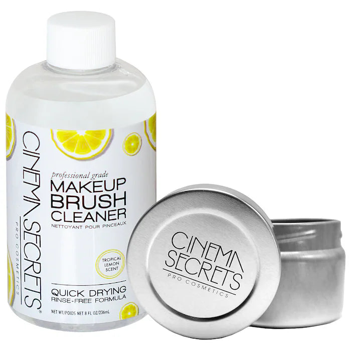 Set de limpieza de brochas Cinema Secrets Tropical Lemon Travel Pro Starter Kit que incluye el limpiador líquido aromático y la mini lata metálica.