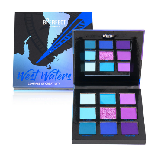 Muestras de color en el brazo de las sombras mate y shimmer de la paleta West Waters, resaltando su alta pigmentación.
