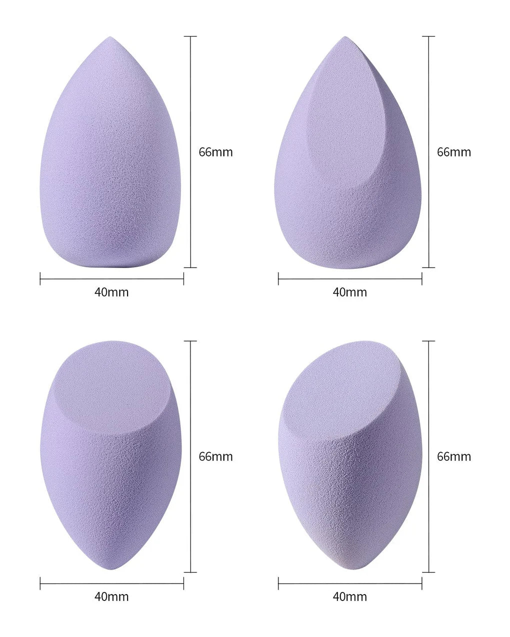 Presentación del set de 4 esponjas en tono purple, destacando su diseño ergonómico y elegante.
