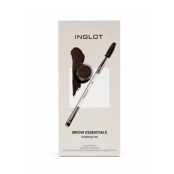 Set de maquillaje para cejas INGLOT Brow Essentials que incluye los productos de definición y fijación de la marca.