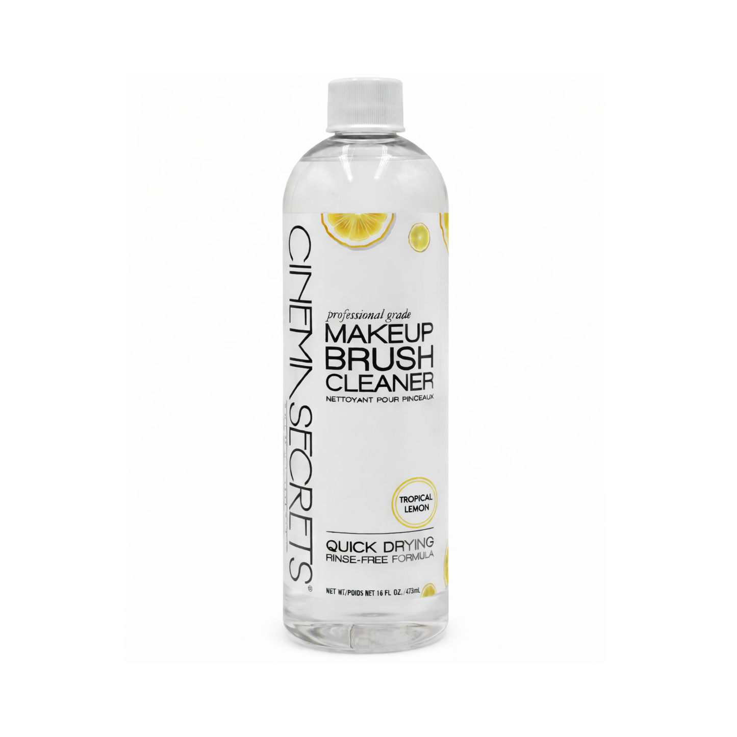 Cinema Secrets makeup brush cleaner products with lemons on a reflective surface.