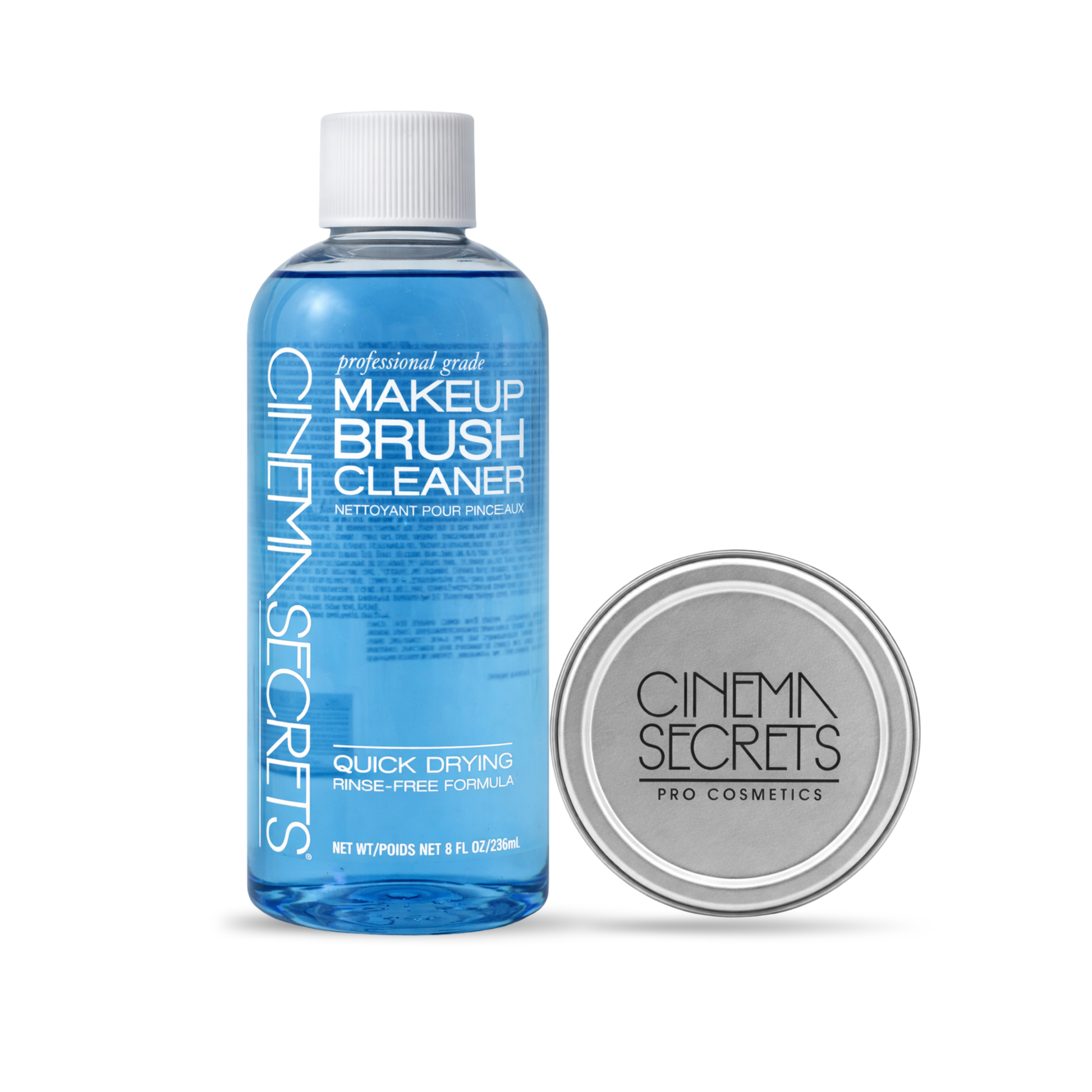 Un kit de botella de limpiador de brochas tamaño 60ml y mini lata de Cinema Secrets.