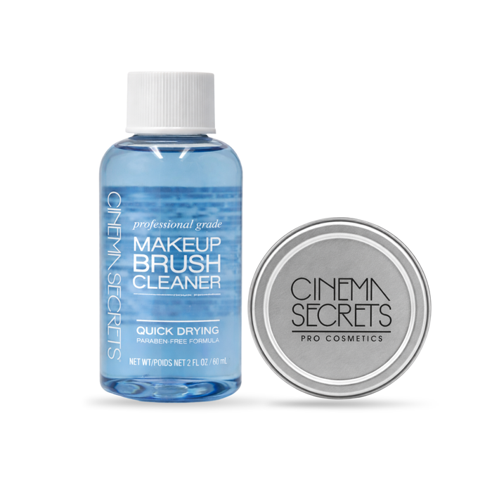 Set de limpieza de brochas Cinema Secrets Original Travel Pro Starter Kit que incluye el limpiador líquido y la mini lata metálica.