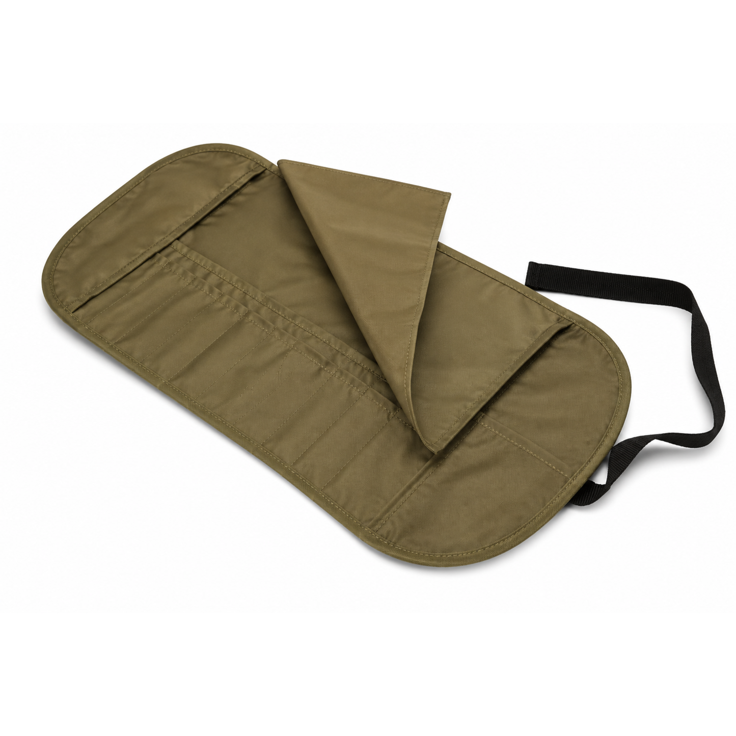 Primer plano de los compartimentos y bolsillos internos de la manta organizadora de brochas de Bdellium Tools.