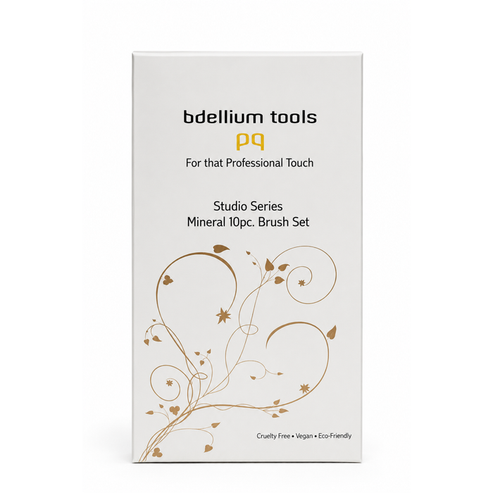 Set completo de 10 brochas profesionales para maquillaje mineral de Bdellium Tools con manta enrollable abierta.
