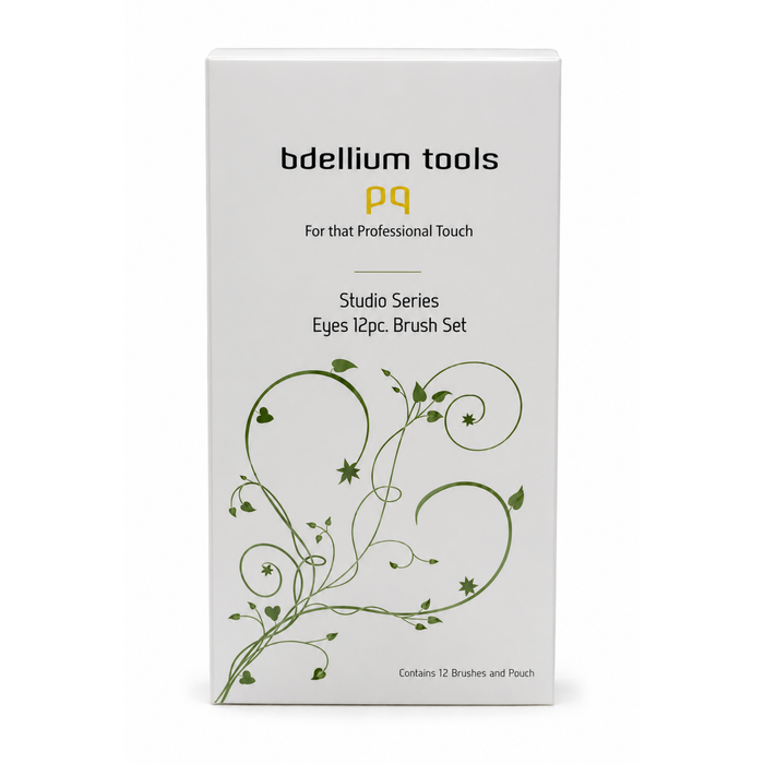 Colección completa de 12 brochas profesionales para ojos Studio Eyes de Bdellium Tools con estuche enrollable abierto.