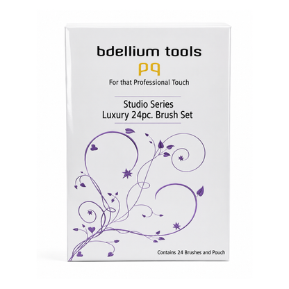 Colección completa de 24 brochas profesionales de maquillaje Studio Luxury de Bdellium Tools con manta protectora.
