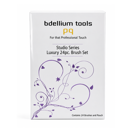 Colección completa de 24 brochas profesionales de maquillaje Studio Luxury de Bdellium Tools con manta protectora.