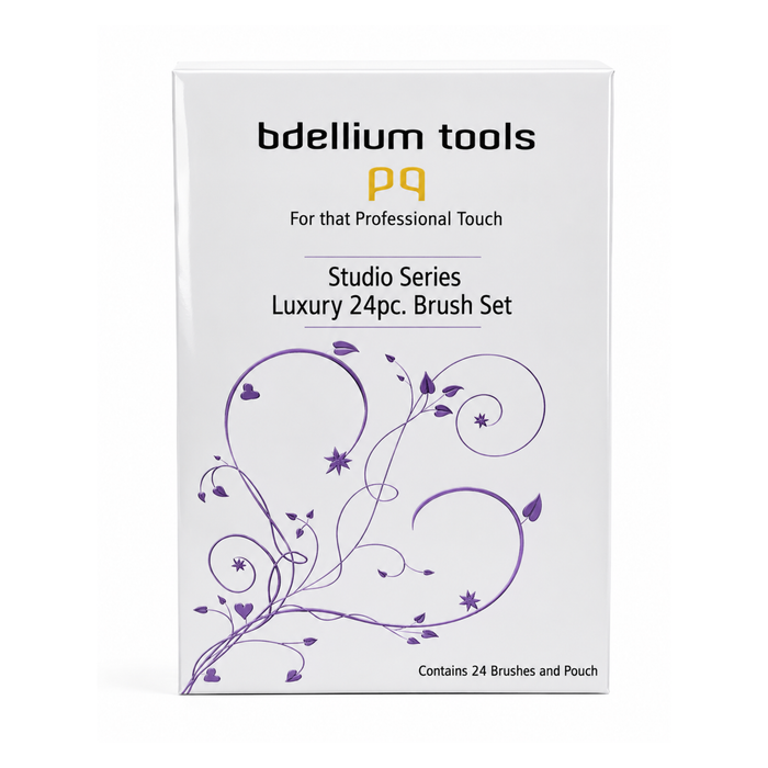 Colección completa de 24 brochas profesionales de maquillaje Studio Luxury de Bdellium Tools con manta protectora.