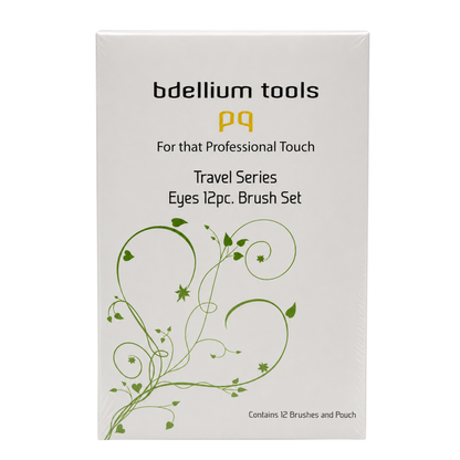 Set completo de 12 pinceles para ojos Bdellium Tools Travel Eyes con su estuche enrollable característico.