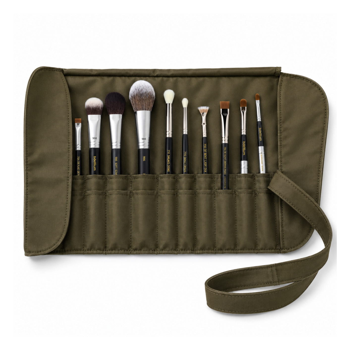 Estuche enrollable profesional de 20 compartimentos para organizar brochas de maquillaje Bdellium Tools.
