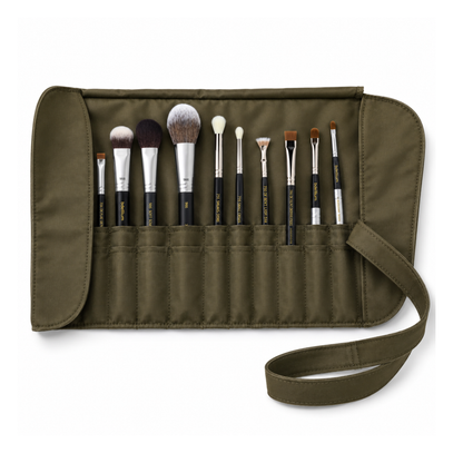 Estuche enrollable profesional de 20 compartimentos para organizar brochas de maquillaje Bdellium Tools.