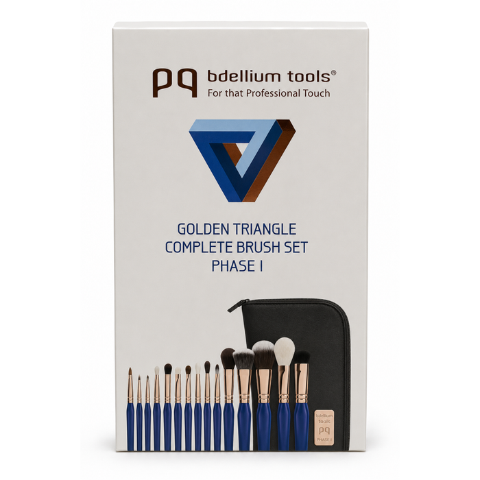 Set inicial de 15 brochas de maquillaje profesional Golden Triangle Phase I de Bdellium Tools con estuche azul.