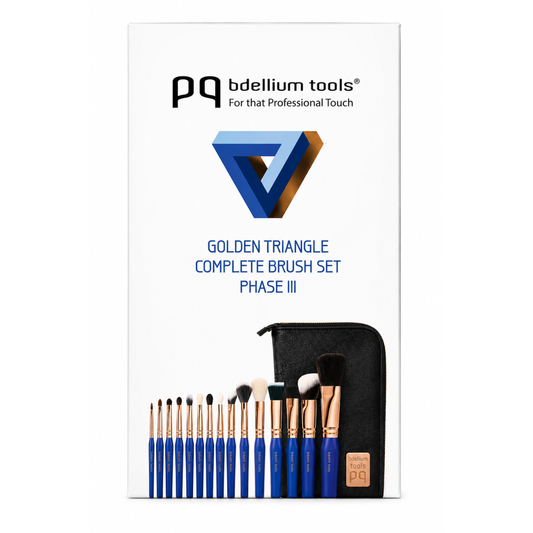 Set de 15 brochas profesionales de maquillaje para rostro y ojos Golden Triangle Phase III de Bdellium Tools.
