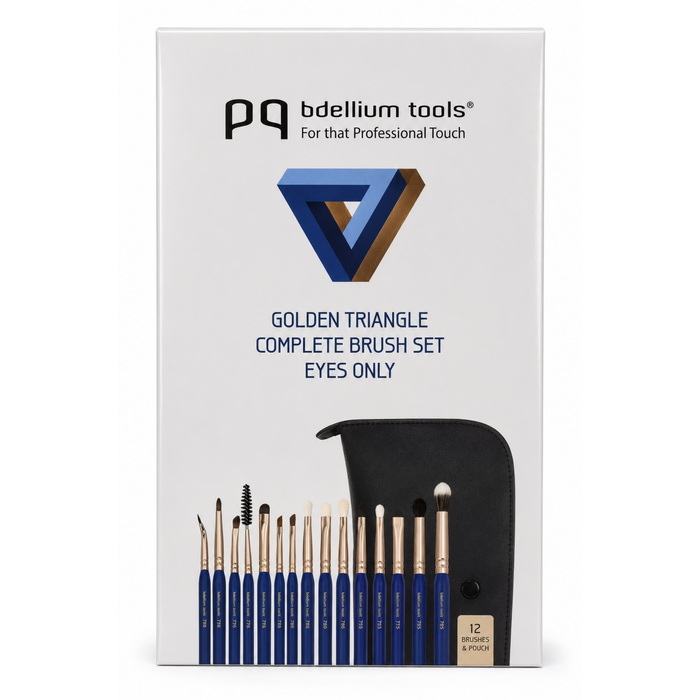 Set de brochas profesionales para ojos Golden Triangle Eyes Only 15pc de Bdellium Tools con estuche azul.