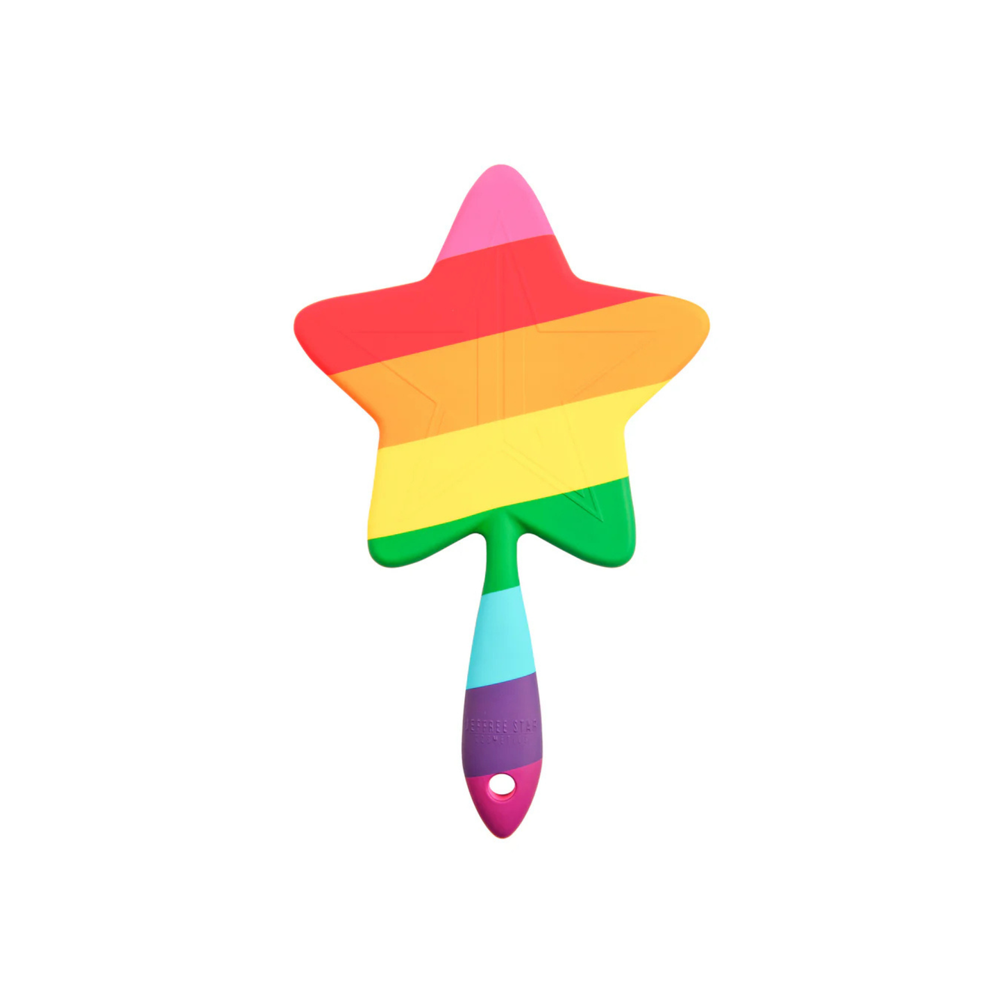 Reflejo nítido y plano del espejo de mano multicolor Rainbow con su mango ergonómico.