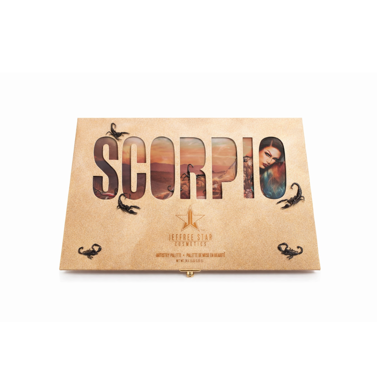 Paleta de sombras Scorpio Artistry Palette de Jeffree Star Cosmetics abierta mostrando sus 24 tonos zodiacales