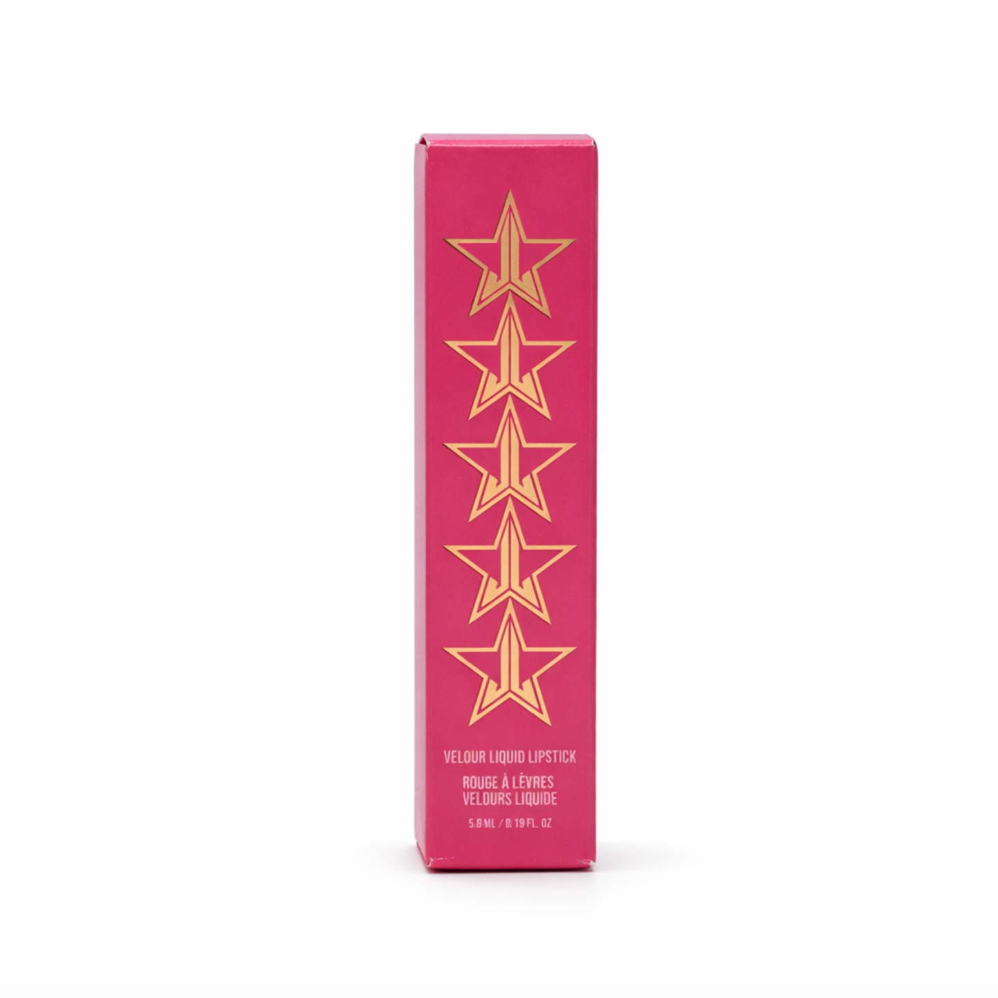 Envase original transparente con tapa rosa de la línea de labiales líquidos Velour Liquid Lipstick de Jeffree Star Cosmetics.