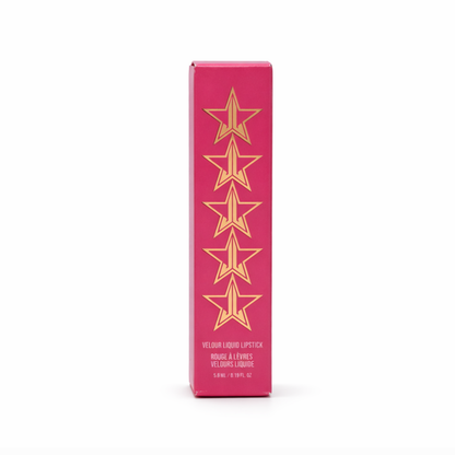 Envase original transparente con tapa rosa de la línea de labiales líquidos Velour Liquid Lipstick de Jeffree Star Cosmetics.