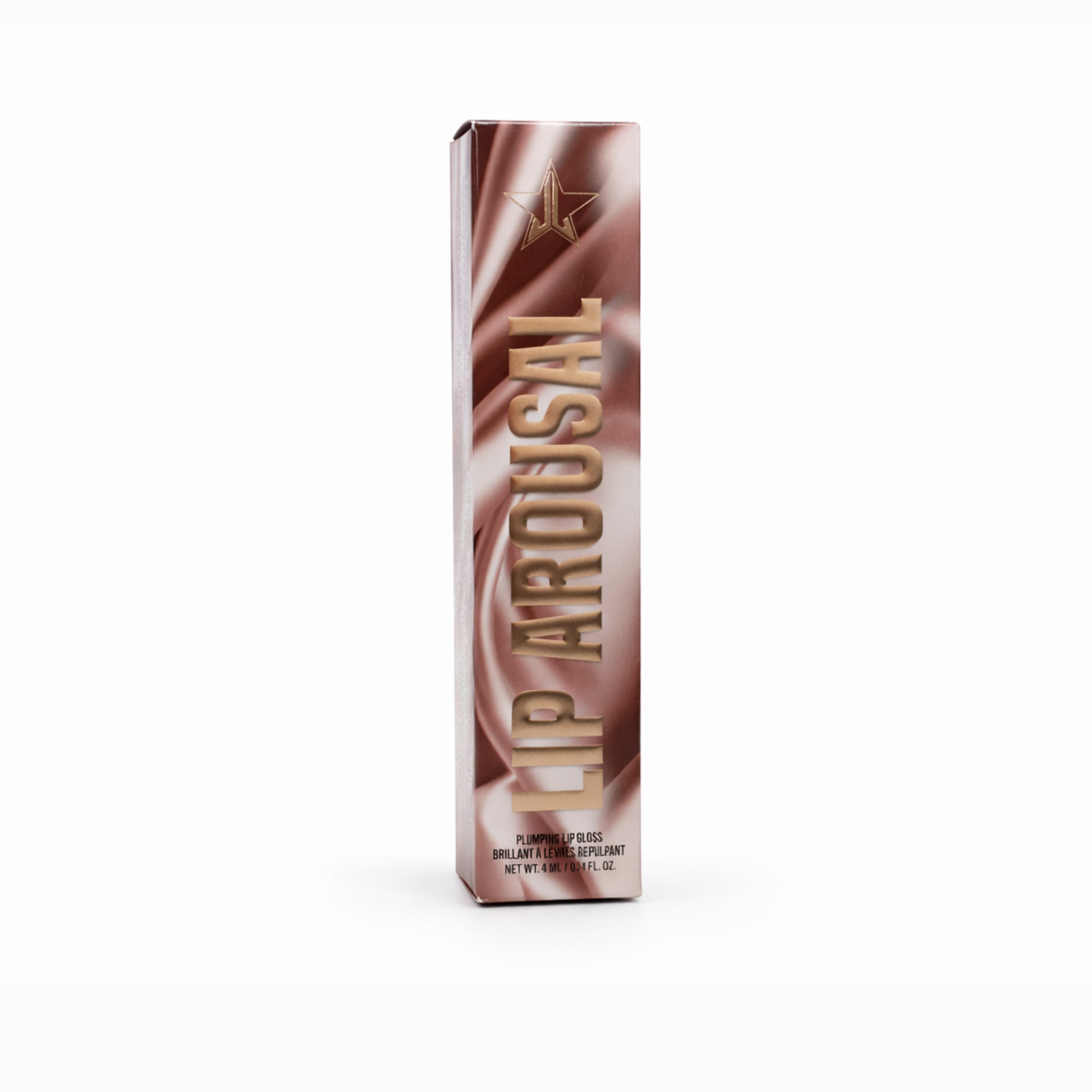 Envase original transparente con tapa rosa de la línea de voluminizadores Lip Arousal de Jeffree Star Cosmetics.