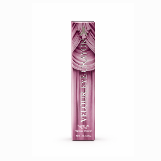 Envase original transparente con tapa rosa de la línea de crayones de ojos Velour Eye Crayon de Jeffree Star Cosmetics.