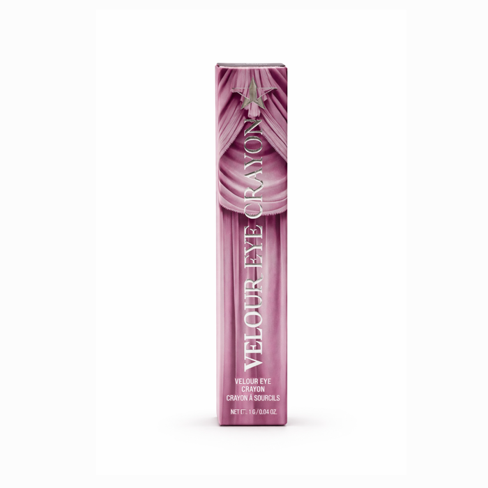 Envase original transparente con tapa rosa de la línea de crayones de ojos Velour Eye Crayon de Jeffree Star Cosmetics.