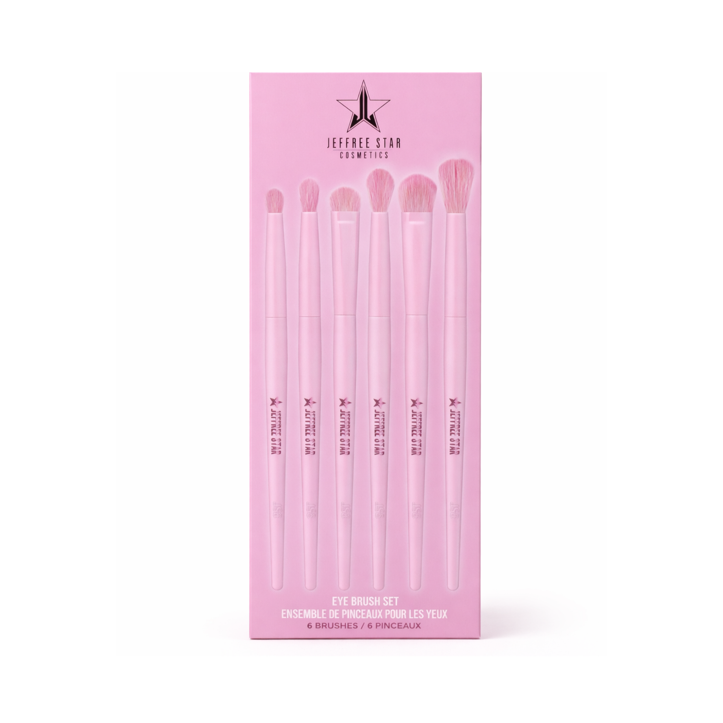 Envase original transparente con tapa rosa de la línea de sets de brochas 6pc Eye Brush Bundle de Jeffree Star Cosmetics.