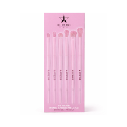 Envase original transparente con tapa rosa de la línea de sets de brochas 6pc Eye Brush Bundle de Jeffree Star Cosmetics.
