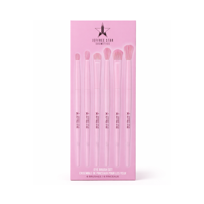 Envase original transparente con tapa rosa de la línea de sets de brochas 6pc Eye Brush Bundle de Jeffree Star Cosmetics.