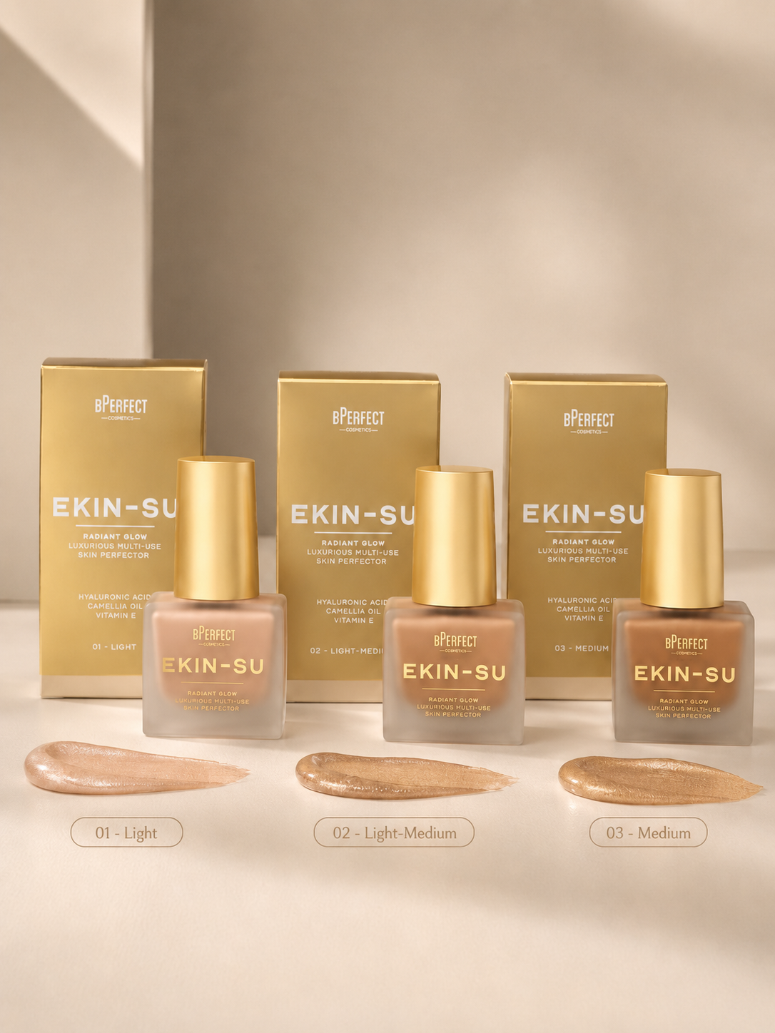 Imagen de varios iluminadores mutliusos de BPerfect x Ekin-Su Radiant Glow