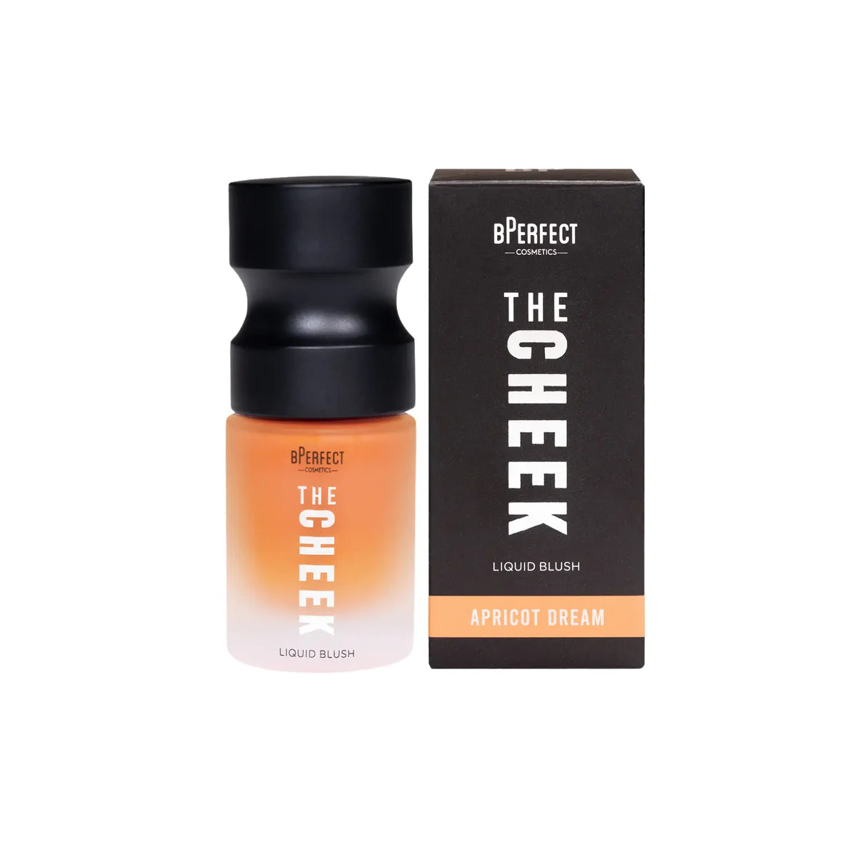 Rubor líquido con acabado mate The Cheek de BPerfect Cosmetics en el tono durazno Apricot Dream con dosificador de bomba sobre fondo blanco.
