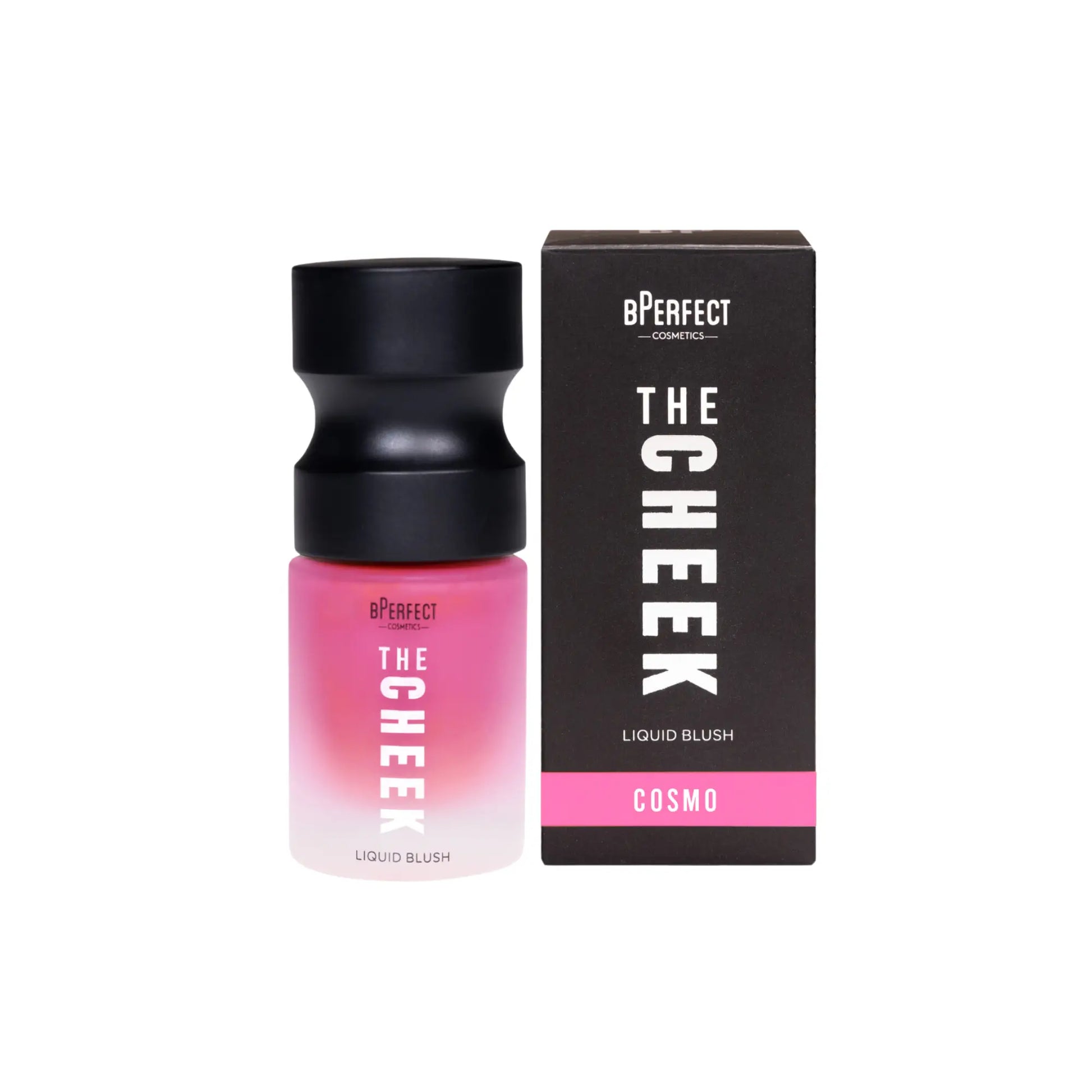 Rubor líquido con acabado mate The Cheek de BPerfect Cosmetics en el tono rosa encendido Cosmo con dosificador de bomba sobre fondo blanco.