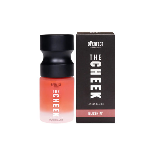 Rubor líquido con acabado mate The Cheek de BPerfect Cosmetics en el tono rosa malva Blushin' con aplicador de bomba sobre fondo blanco.