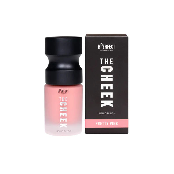 Rubor líquido con acabado mate The Cheek de BPerfect Cosmetics en el tono rosa coral Pretty Pink con dosificador de bomba sobre fondo blanco.