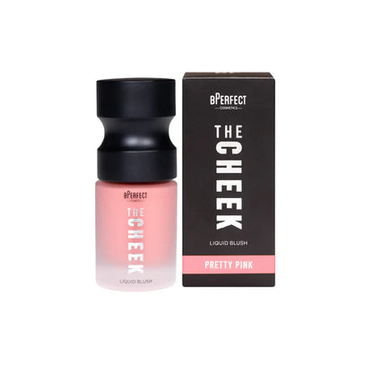 Rubor líquido con acabado mate The Cheek de BPerfect Cosmetics en el tono rosa coral Pretty Pink con dosificador de bomba sobre fondo blanco.