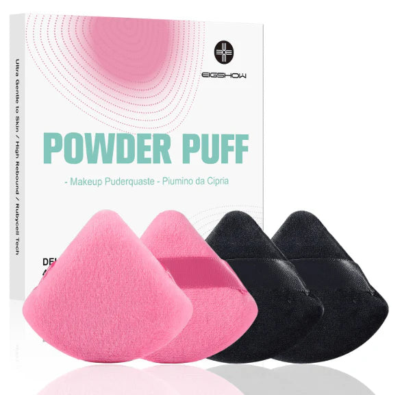Set de 4 borlas de maquillaje triangulares de terciopelo EIGSHOW en colores rosa Pink y negro Black.