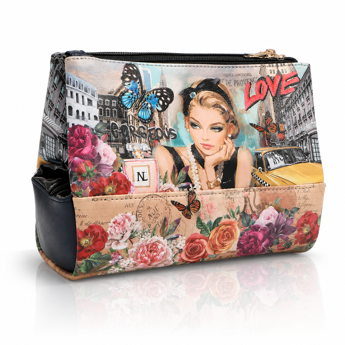 Vista frontal de la cosmetiquera grande de Nicole Lee con su diseño de tres compartimentos independientes y estampado exclusivo.