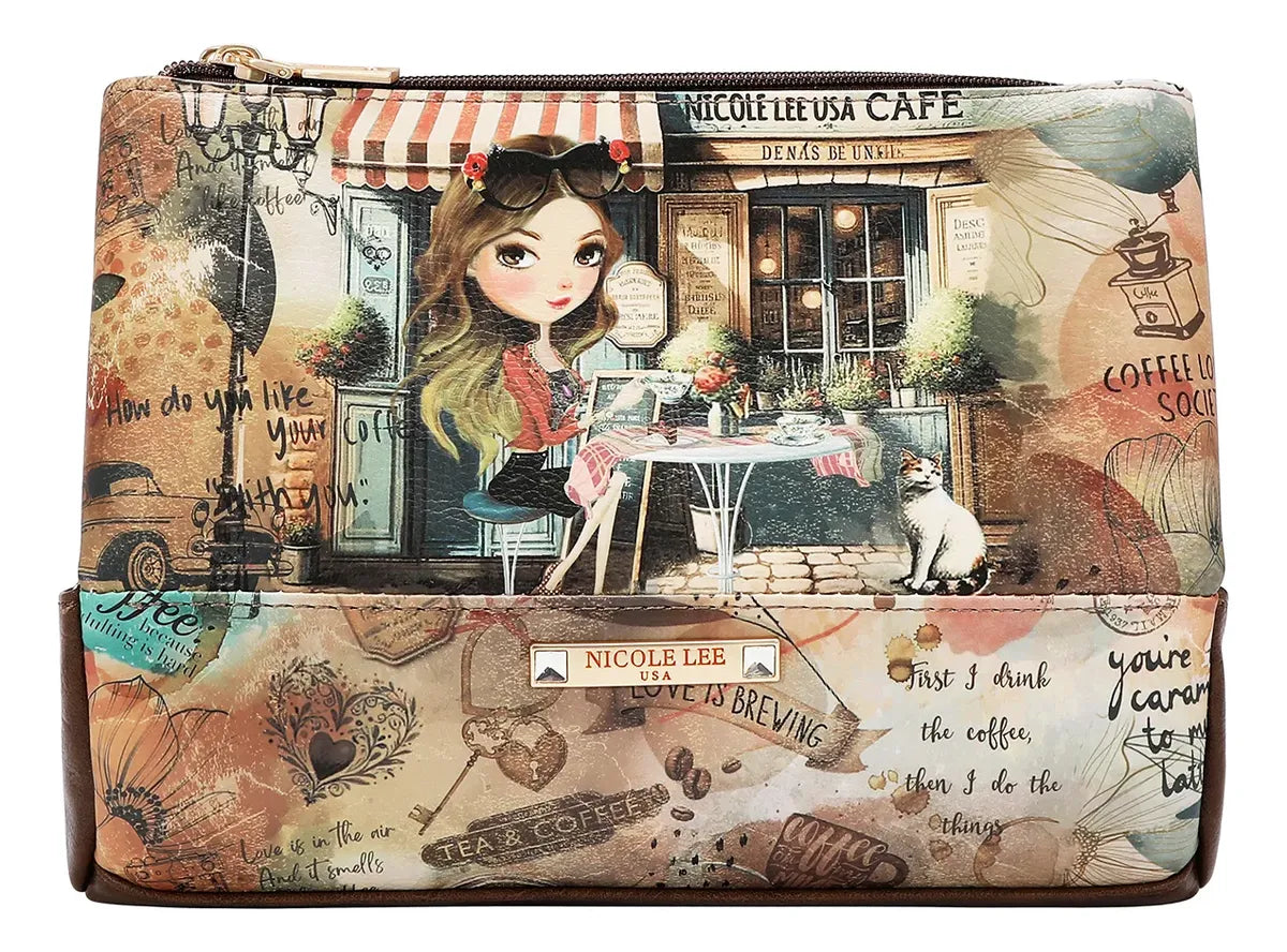 Vista frontal de la cosmetiquera para mujer Nicole Lee de la línea Virtual Friend en piel vegana estampada.