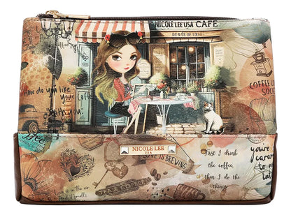 Vista frontal de la cosmetiquera para mujer Nicole Lee de la línea Virtual Friend en piel vegana estampada.