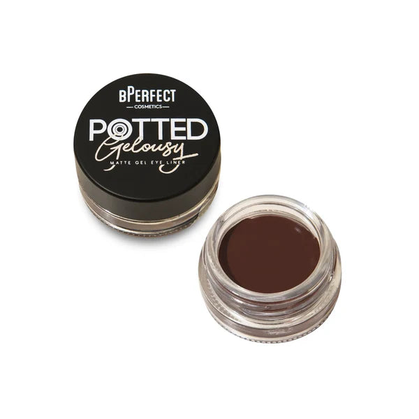 Tarro de delineador en gel Potted Gelousy de BPerfect en el tono marrón profundo Foxi sobre un fondo limpio.