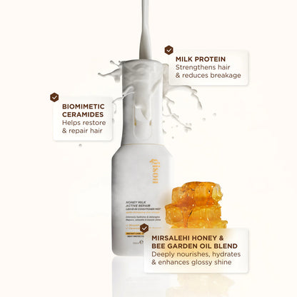 Detalle de la textura ligera del spray reparador con miel y proteínas de leche.