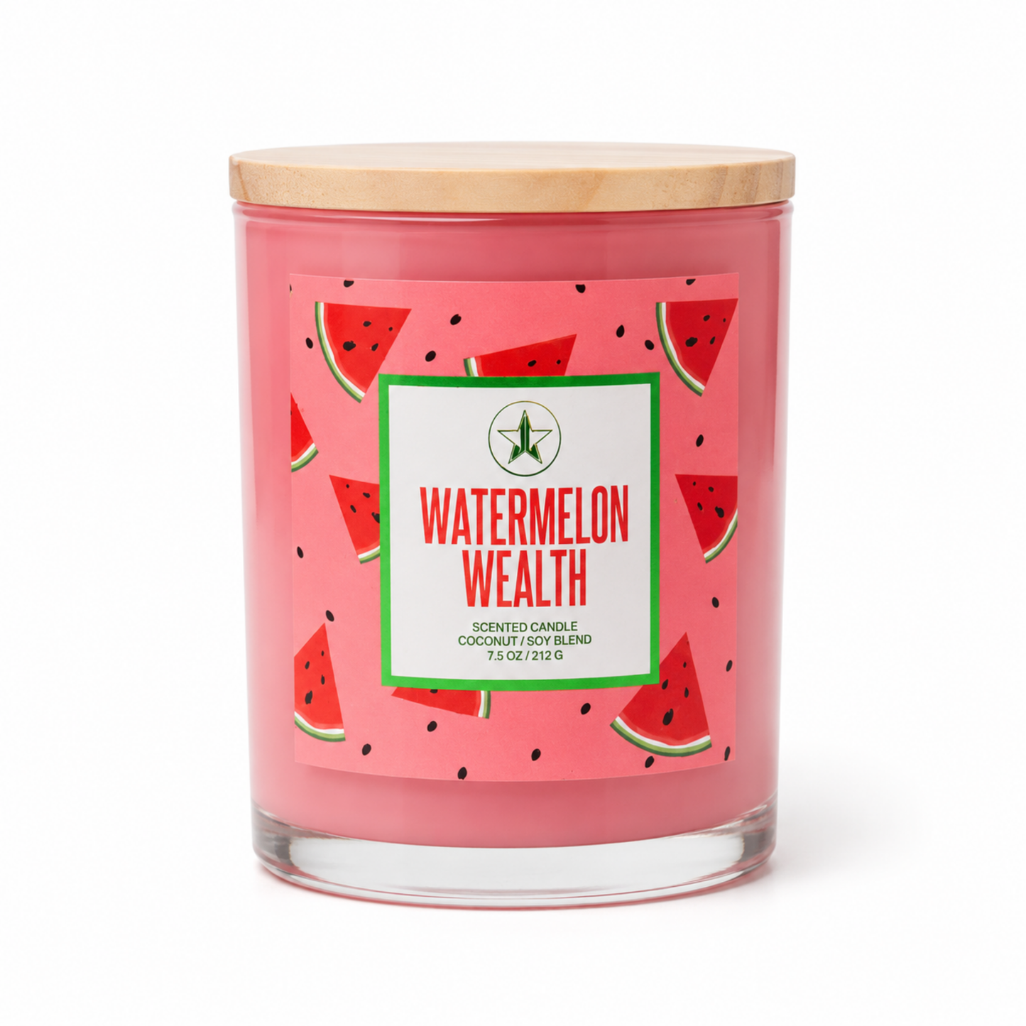 Watermelon Wealth Candle de Jeffree Star Cosmetics con tapa.