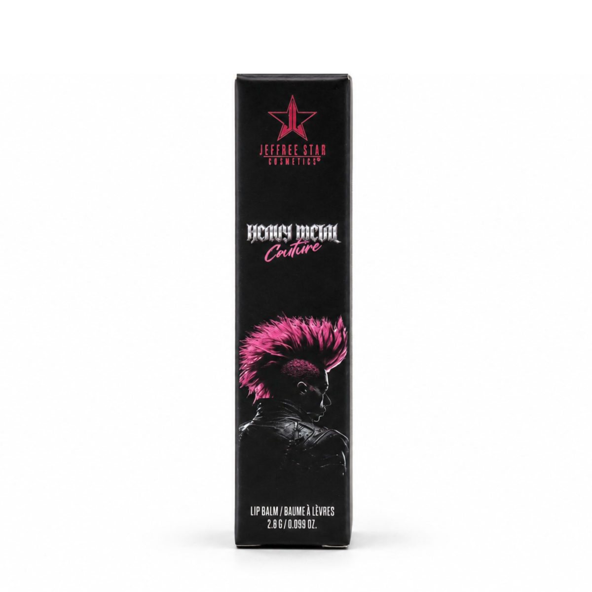 Empaque negro con figura con cabello rosa y el texto Heavy Metal Couture.