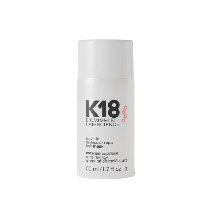 Envase de la mascarilla capilar sin enjuague K18 Leave-In Molecular Repair.